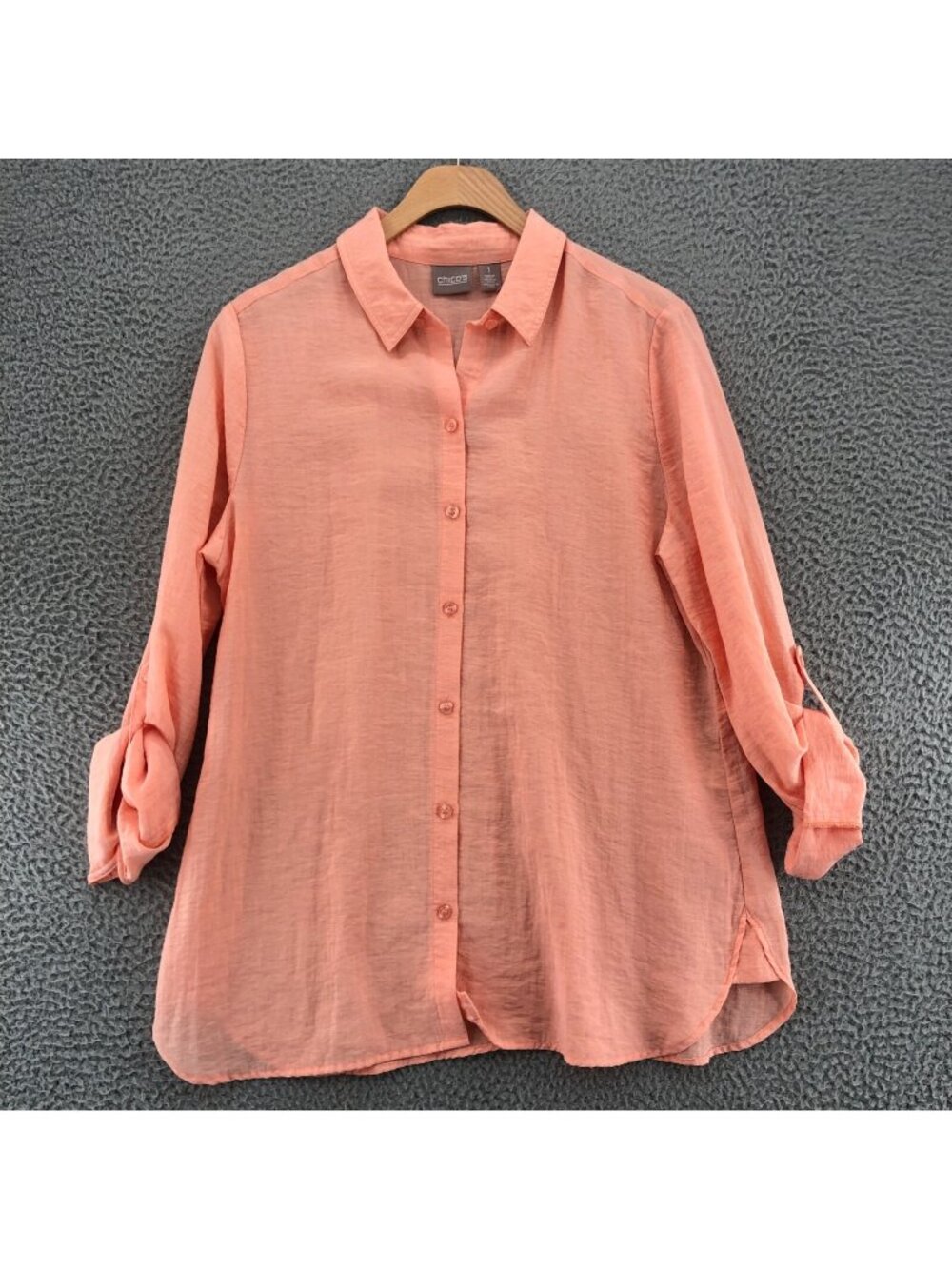 Chicos Shirt Womens 1 US Medium Coral Button Up Collared Roll Tab Long Sleeves